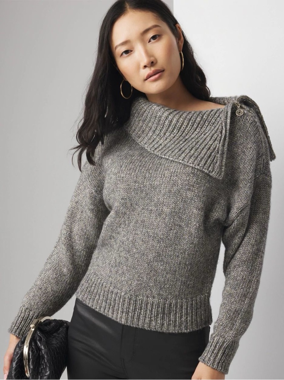 White House Black Market Gray and Silver Cowl-Neck Sweater